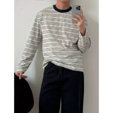 批发韩系撞色圆领条纹长袖T恤男生<b class='q'>春</b>秋宽松休闲百搭基础款内搭打底衫
