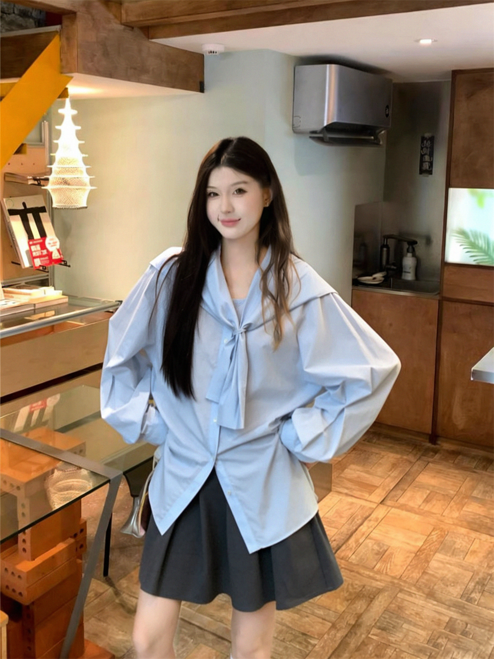 정가 재고 있음 2026 봄 신선함 산소 센스 해군 칼라 숄 투피스 세트 주간 실크 셔츠