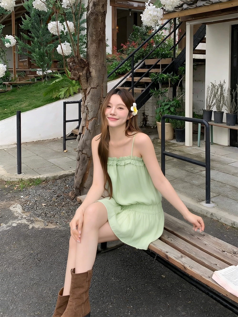 실사 재고 있음 녹색 캐미솔 여름 외출용 프랑스식 순수한 욕망 디자인 센스 핫걸 몸매 가꾸기 허리 수축 드레스