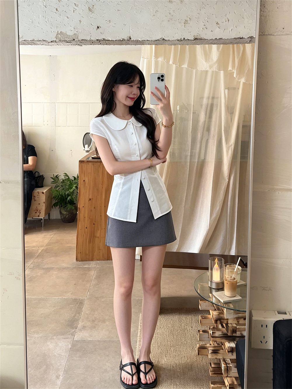 실사 베이비 칼라 반팔 허리 수축 슬림해 보이는 품격 다용도 맨위 슬림해 보이는 반신 치마 세트