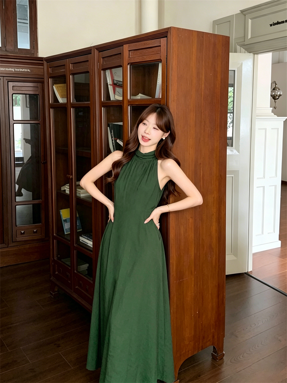 실사 재고 있음 레트로 아마 흔들다 칼라 민소매 녹색 행침 목 양면 착용 드레스