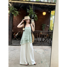 实拍~春夏净色甜美减龄显瘦休闲百搭双层吊带+百搭阔腿裤套装