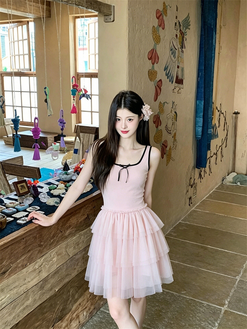 실사 핑크색 발레 바람 페이크 레이어드 드레스 니트 조끼 패치워크 망사 케이크 미니 스커트 여성 여름