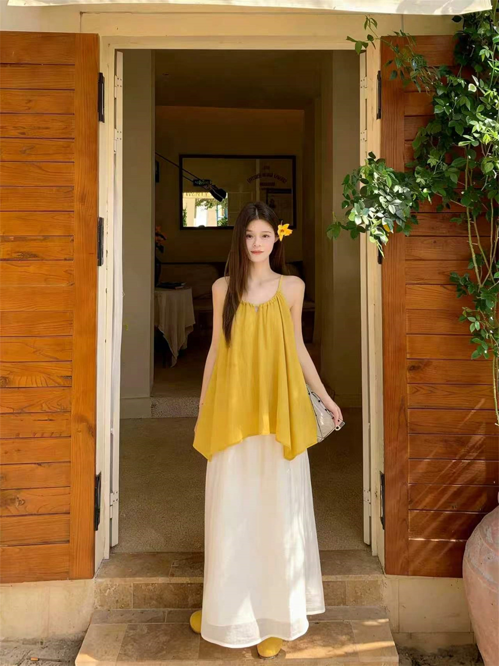 실사 재고 있음 여름 한국 스타일 다용도 루즈핏 슬림해 보이는 품격 고급 센스 작은 V넥 디자인 섹시함 슬립 세트