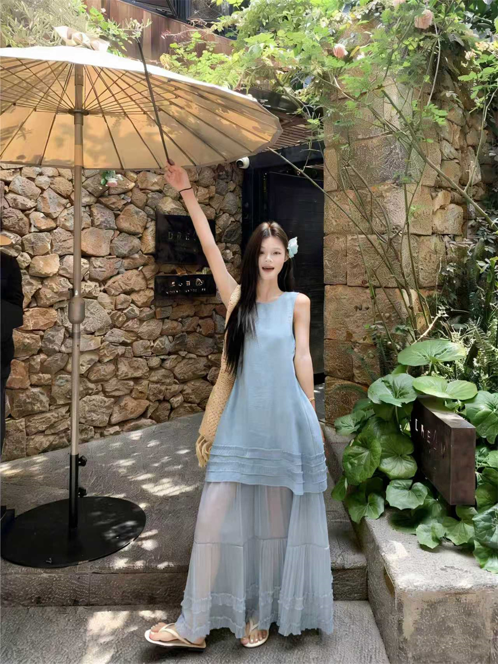 실사 재고 있음 매매 블루스 봄 여름 파란색 루즈핏 라운드 넥 민소매 패치워크 조끼 여성 드레스