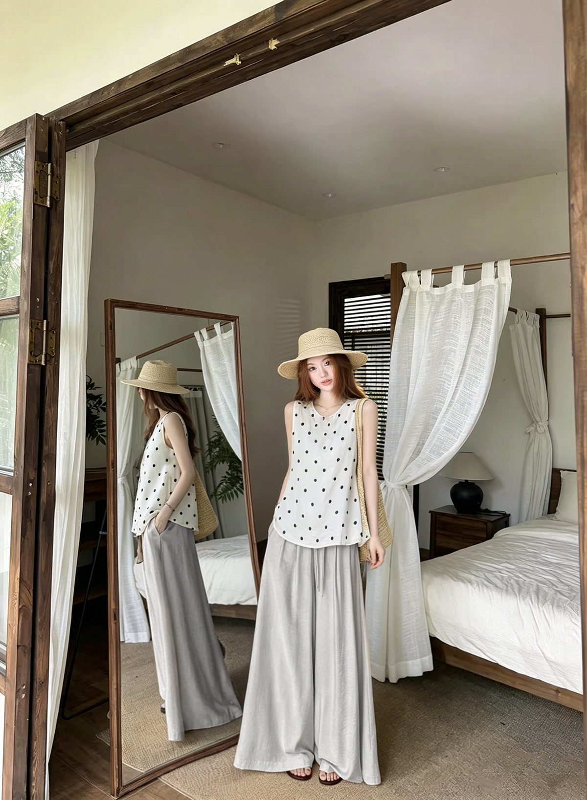 실사 자이언트 잘 생긴 ootd 착용 가져 가라. 연령 감소 전체 집합 슈퍼 화재 도트 무늬 맨위 여성 초기 여름 아름다운 세트