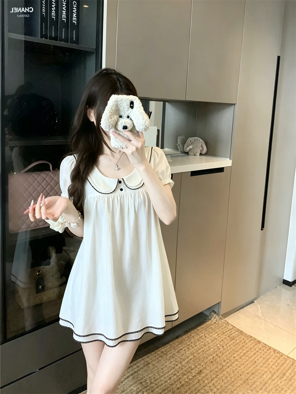 실사 프랑스식 레트로 베이비 칼라 거품 소매 여성 드레스 여름 하이웨이스트 한 마디 미니 스커트