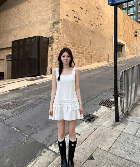 실사 광장 칼라 프릴 펌프 Pleat 여성 드레스 봄 프랑스식 디자인 센스 작은 대중 조끼 미니 스커트