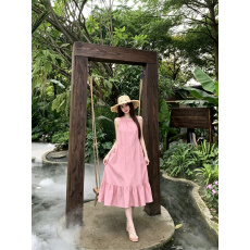 批发实拍~日系松弛感无袖粉色连衣裙女夏季新款<b class='q'>中长款</b>减龄简约风长裙