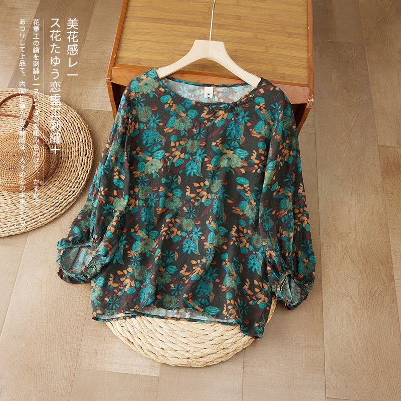 실사 새로운 고급 레트로 프린트 라미 여성 셔츠 문예 벌룬 소매 셔츠 품격 루즈핏 풀오버 맨위