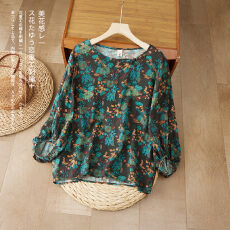 批发实拍新款高端复古印花苎麻衬衫女文艺灯笼袖衬衣气质宽松套头上衣