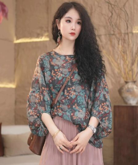 고급 레트로 프린트 라미 여성 셔츠 문예 벌룬 소매 셔츠 품격 루즈핏 풀오버 맨위