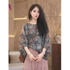 批发高端复古印花苎麻衬衫女文艺灯笼袖衬衣气质宽松套头上衣