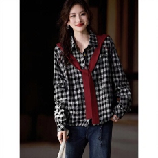批发时尚格子拼接连帽衬衫女<b class='q'>秋</b>季新款宽松上衣2025年欧货大码衬衣