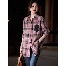 批发素木休闲格子拼接蕾丝衬衫女<b class='q'>秋</b>季2025年新款宽松上衣欧货大码衬衣