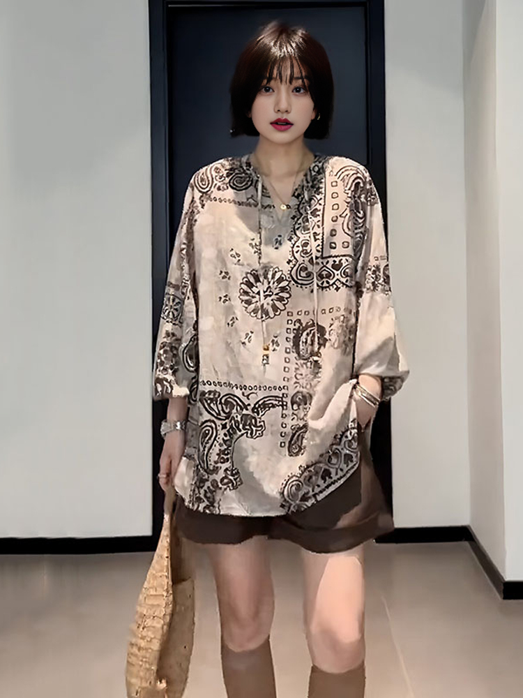 빅 사이즈 레트로 민족 스타일 프린트 자외선 차단 셔츠 맨위 가을 지방 mm 루즈핏 슬림해 보이는 얇고 가벼운 외출용 셔츠