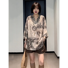 批发大码复古民族风印花防晒衬衫上衣<b class='q'>秋</b>季胖mm宽松显瘦轻薄外穿衬衣