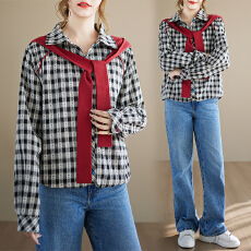 批发时尚格子拼接连帽衬衫女<b class='q'>秋</b>季新款宽松上衣2025年欧货大码衬衣