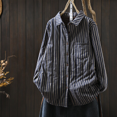 批发衬衫女款2025新款秋冬绗棉条纹夹棉加厚洋气纯棉百搭单穿打底衬衣
