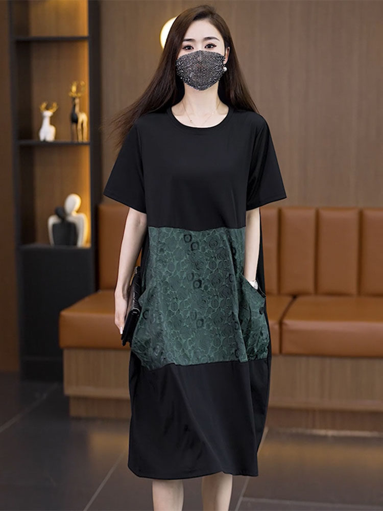 빅 사이즈 여성 의류 2026 여름 새로운 지방 mm 패션 배색 패치워크 루즈핏 표지 배 중간 길이 캐주얼 드레스