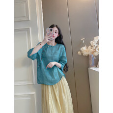 批发素色斜门襟纯苎麻上衣女短款衬衫夏季文艺茶服中式轻薄小衫+裙子