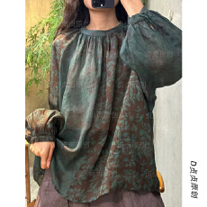 批发棉麻上衣女<b class='q'>春</b>夏秋季长袖复古拼色印花圆领气质宽松通勤套头衫