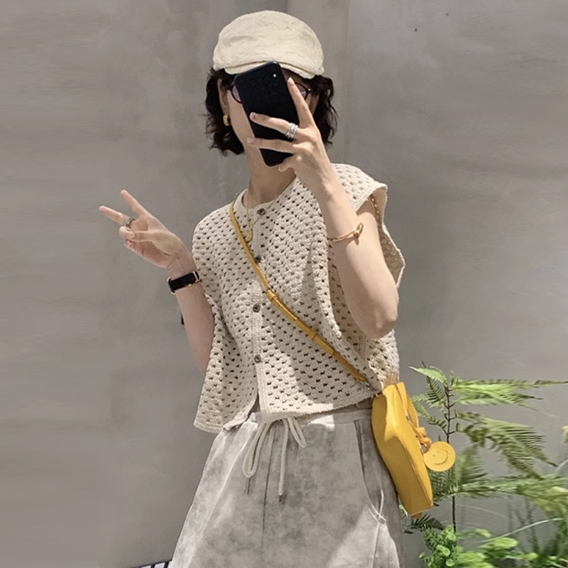 FA34298# 复古镂空冰丝针织短袖开衫女叠穿外搭夏季薄款短款t恤上衣 服裝批發女裝批發服飾貨源
