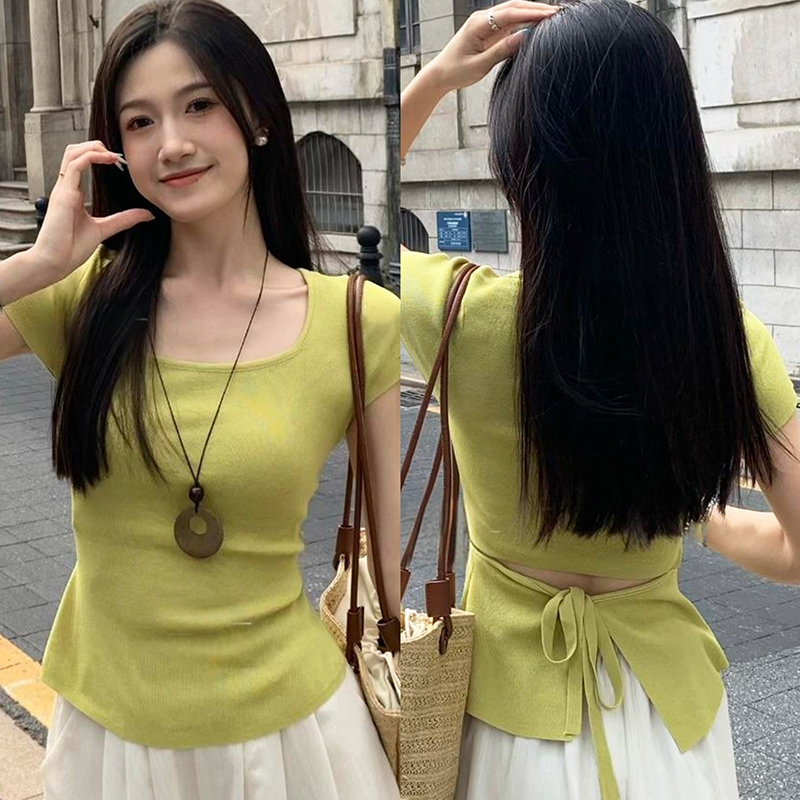 FA34275# 镂空方领冰丝短袖针织衫女新款夏季后背绑带薄款上衣女 服裝批發女裝批發服飾貨源
