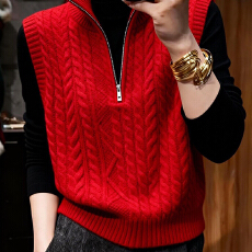 批发官图  高领红色无袖马甲外搭休闲针织背心显白上衣2025<b class='q'>冬</b>季马夹女