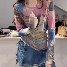 批发官图  高级感印花网纱长袖<b class='q'>t</b><b class='q'>恤</b>女春2026新款防晒衣罩衫上衣打底衫