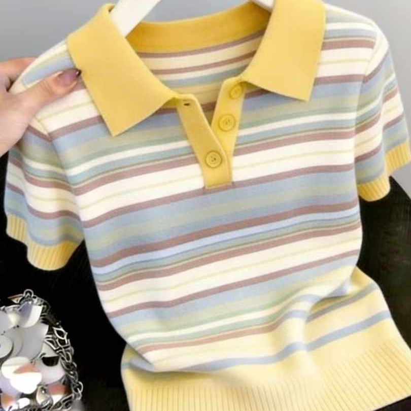 경관 그림 2026 여름 새로운 여성 미니멀리즘 캐주얼 바람 배색 스트라이프 니트 반팔 POLO 셔츠 몸매 가꾸기 티셔츠