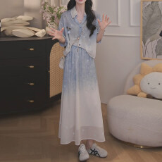 批发官图  2026夏季新款女士温柔风渐变套装百搭衬衫中长裙两件套潮