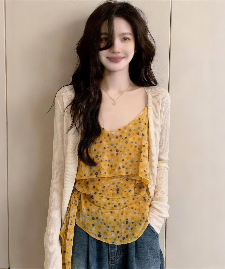 경관 그림 2026 슈퍼 화재 여름 드레스 세트 여성 한 부서 캐미솔 긴팔 자외선 차단 니트 오픈 가디건 투피스 세트
