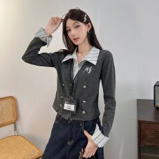 批发新款韩版大码宽松显瘦条纹衬衫休闲<b class='q'>长袖</b>打底衫假两件套上衣女