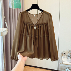 批发胖mm衬衫女2025秋季新款大码女装V领洋气显瘦遮肚子<b class='q'>长袖</b>早秋上衣