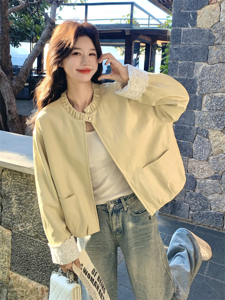 우유 황색 레이스 라운드 넥 레이스 커프스 재킷 여성 코트 봄 가을 2026 새로운 부드러운 절묘한 아름다운 맨위
