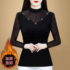 批发2025秋冬新款加绒加厚打底衫网纱长袖百搭显瘦小衫T恤女