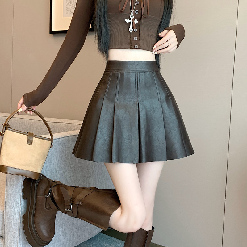 MY13190# PU皮百褶短裙高腰a字皮半身裙女裝貨源服裝批發