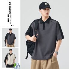 批发2025夏季新款男士拼接撞色短袖Polo衫宽松休闲百搭翻领体恤衫
