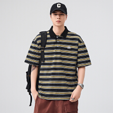 批发实拍2025夏季新款美式复古条纹Polo衫男<b class='q'>潮</b>牌百搭翻领短袖体恤