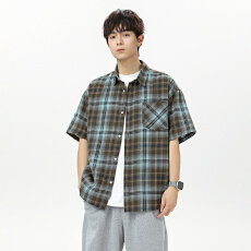 批发实拍2025<b class='q'>夏</b>季新款潮牌格子短袖衬衫男日系简约宽松学院风衬衣外套