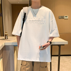 批发实拍<b class='q'>夏</b>季重磅纯棉短袖t恤男潮流宽松港风大码半袖落肩T恤