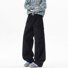 批发复古秋季新款多口袋休闲<b class='q'>工装</b>裤男女宽松直筒cleanfit阔腿长裤