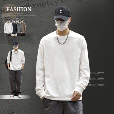 批发实拍2025秋季男士纯棉长袖<b class='q'>T</b><b class='q'>恤</b>重磅简约刺绣宽松<b class='q'>大码</b>螺纹袖口体恤