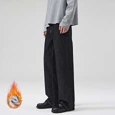 2025秋冬加绒加厚原牛黑色不掉色牛仔裤男直筒2021m老钱风长裤子