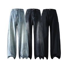 批发实拍2025秋季新款美式高街牛仔裤男潮牌痞帅宽松拼接直筒阔腿裤