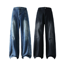 批发实拍2025秋季新款美式高街牛仔裤男潮牌痞帅宽松直筒拼接阔腿裤