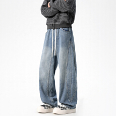 批发实拍2025秋季新款分割拼接牛仔裤男美式宽松阔腿裤水洗松紧长裤