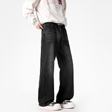 批发实拍新款闪电纹微喇牛仔裤男潮牌水洗复古宽松显瘦高街痞帅长裤子