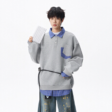 批发实拍<b class='q'>秋</b>冬新款潮牌重磅假两件拼接撞色翻领针织卫衣男女中性百搭款